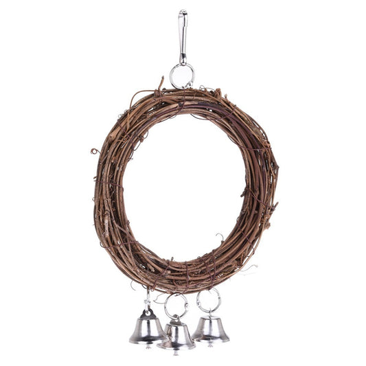 Rattan parrot swing with three silver bells, featuring a metal hook for hanging in a bird cage.