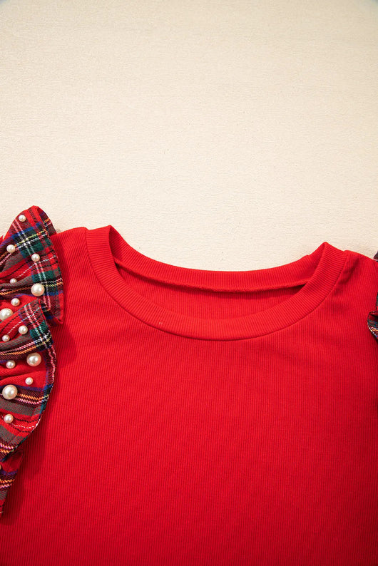 Camiseta Suelta Roja de Cuadros con Volantes en Mangas Cortas - Image 5