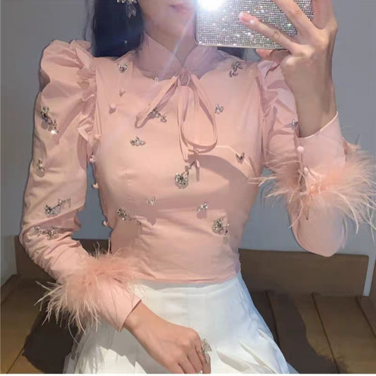 Camisa Monócromo Diamante Manga Larga Cuello Mao - Image 2