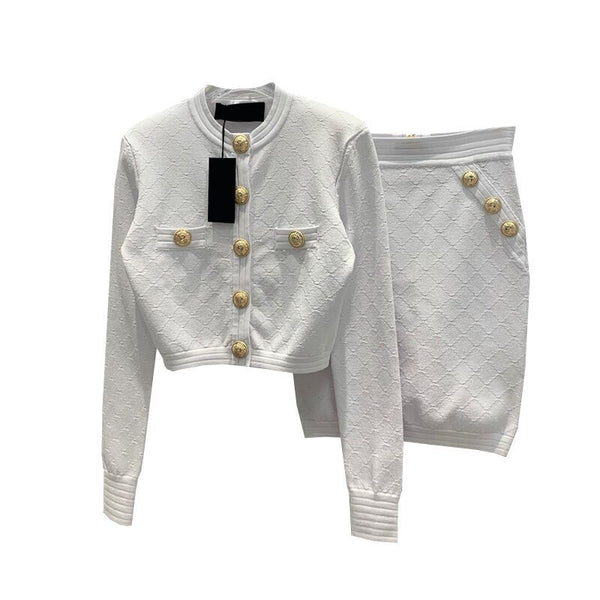 Chaqueta Corta Tejida con Hombreras y Botones a Presión - Patrón Cuadros Diamante