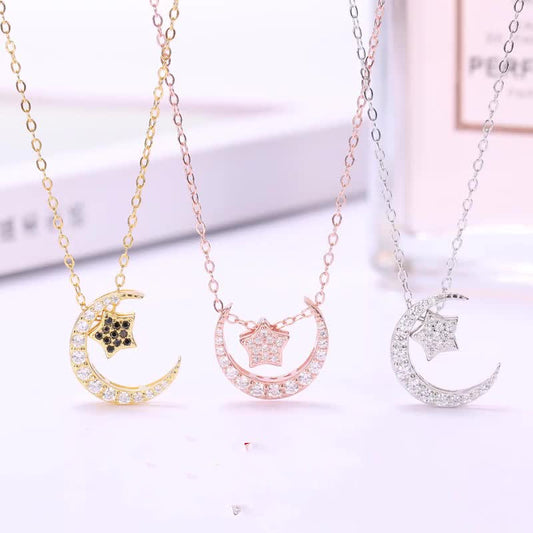 Collar de Plata Esterlina con Luna y Estrellas - Cadena Clavícula Delicada