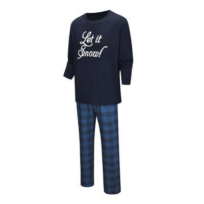 Dark blue long-sleeve pajama set with "Let it Snow!" script top and blue and black plaid pants. - Image 3