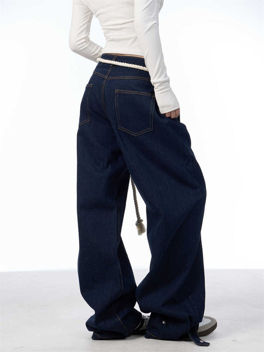 Jeans Negros Lavados Rectos Ancho con Costuras Blancas - Image 4
