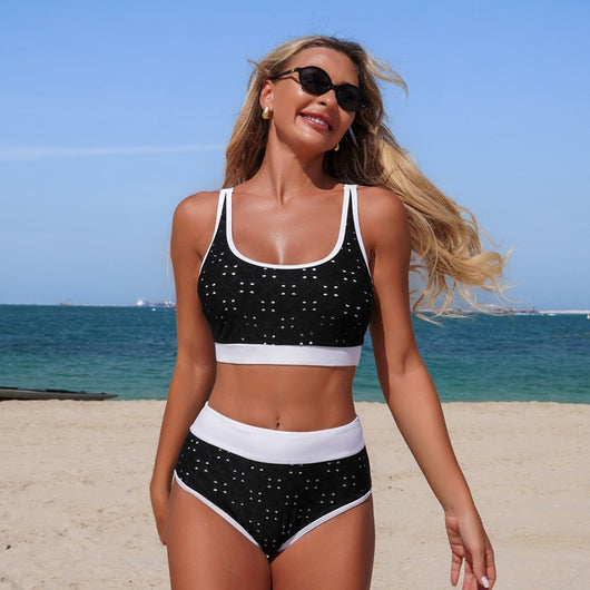 White eyelet two-piece bikini with black trim, featuring a scoop neck top and high-waisted bottoms. - Image 3