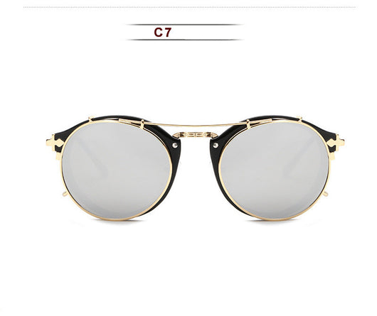 Round frame sunglasses with light blue mirrored lenses and a gold-tone metal frame, featuring a double bridge. - Image 8