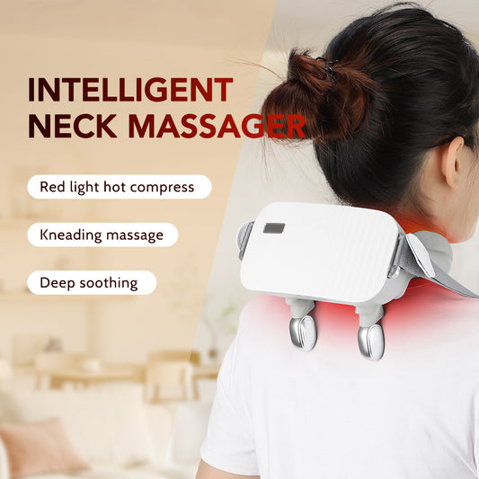 White and grey 3D smart neck massager with remote control, USB cable, and user manual, shown with its packaging.