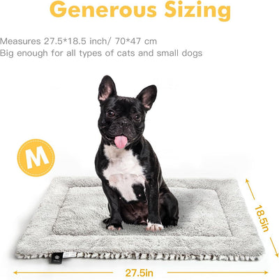 Light gray fluffy pet sleeping mat with a black and white French Bulldog sitting on it. Measures 27.5x18.5 inches. - Image 4