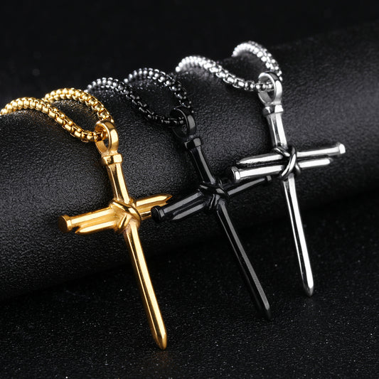 Collar con Dije de Cruz de Clavos para Hombre en Acero de Titanio