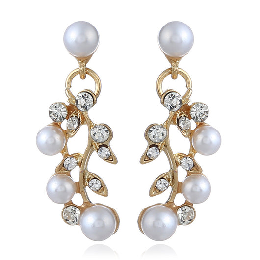 Gold-toned necklace and matching stud earrings set with vine-like design, adorned with white faux pearls and clear rhinestones. - Image 4