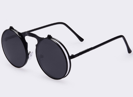 Retro flip-up sunglasses with round dark polarized lenses and a gold-tone metal frame with dark red temples. - Image 5