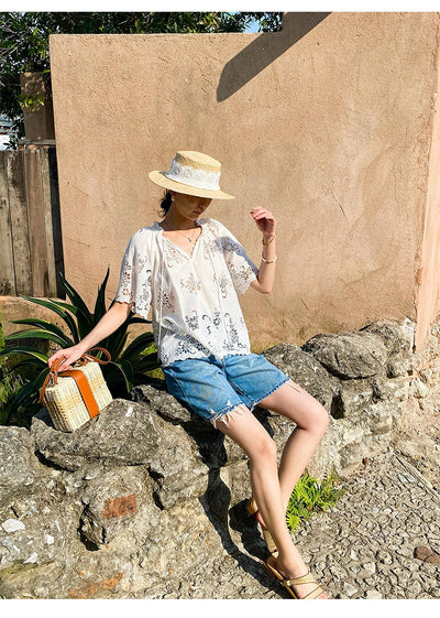 Blusa Blanca Estilo Francés con Encaje Bordado y Manga Corta - Image 10