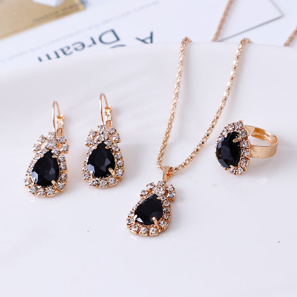 Conjunto de Collar, Aretes y Anillo con Gota de Cristal y Rhinestones