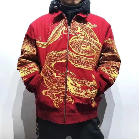 Chaqueta Acolchada de Algodón con Bordado de Dragón Chino