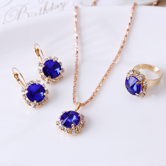 Juego de Joyería Cristal Redondo: Collar, Aretes y Anillo Elegante