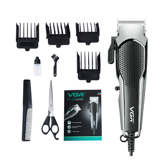 VGR V-130 professional hair clipper set with silver and black clipper, four guide combs, scissors, comb, and oil. - Image 8