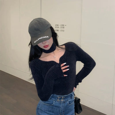 Blusa Azul Ajustada de Manga Larga para Mujer