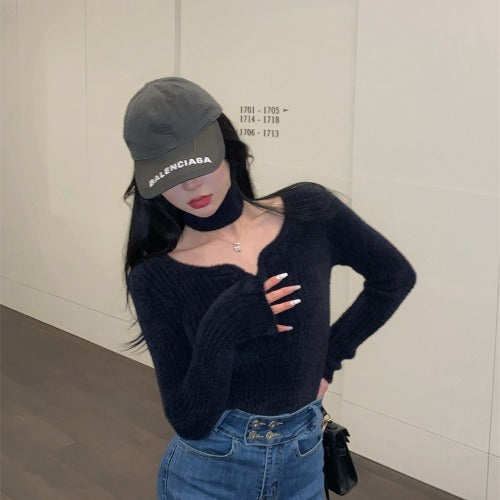 Blusa Azul Ajustada de Manga Larga para Mujer