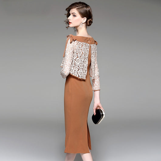 Vestido Otoñal Elegante con Encaje y Falda Sirena Ajustada - Image 2