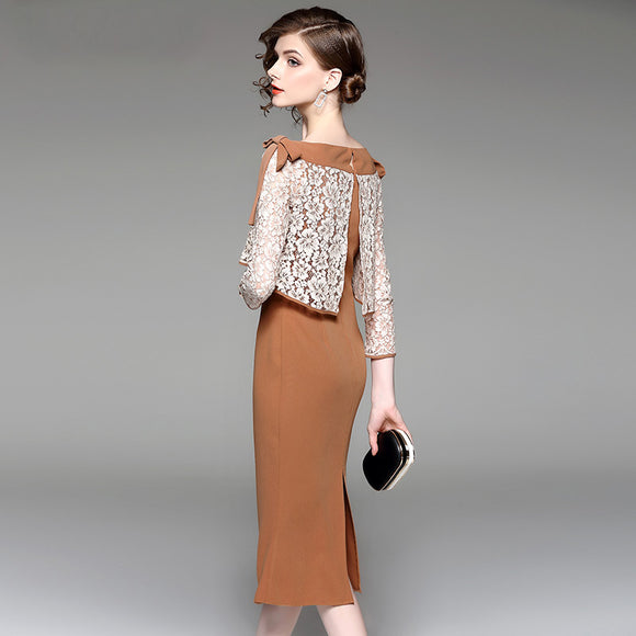 Vestido Otoñal Elegante con Encaje y Falda Sirena Ajustada