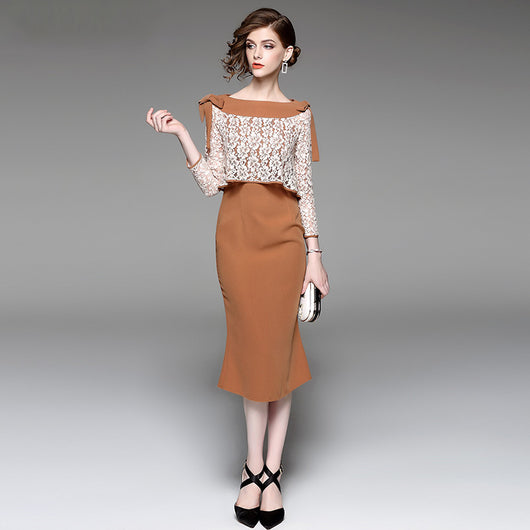 Vestido Otoñal Elegante con Encaje y Falda Sirena Ajustada - Image 3