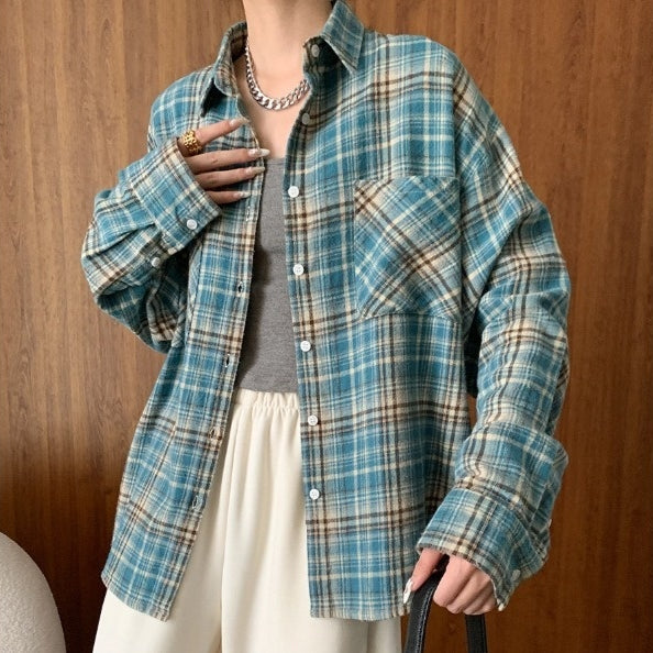 Camisa de Algodón Peinado Estilo Vintage a Cuadros Manga Larga