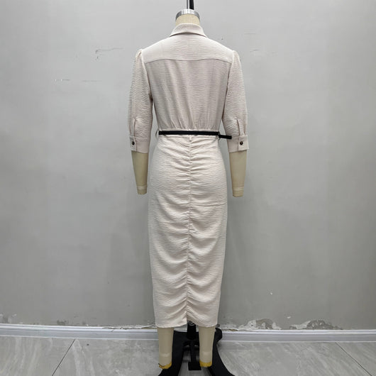 Vestido Camisero Plisado con Cinturón - Manga Corta - Image 4