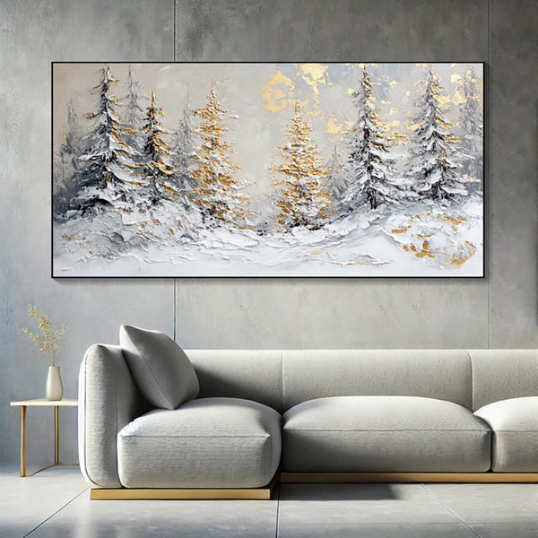 Cuadro Óleo Artesanal Escena Invernal Navideña con Pinos Dorados para Decoración del Hogar