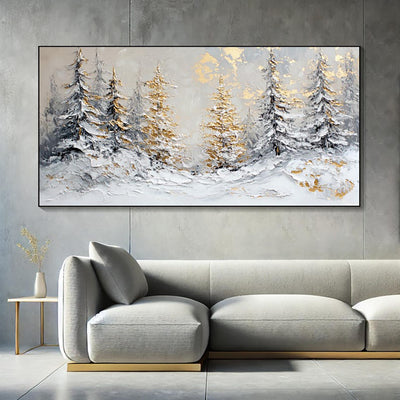 Cuadro Óleo Artesanal Escena Invernal Navideña con Pinos Dorados para Decoración del Hogar - Image 2