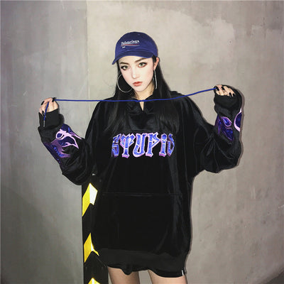 Sudadera Harajuku Premium con Bordado de Llamas y Capucha de Felpa