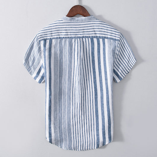 Camisa Casual de Lino Manga Corta a Rayas para Hombre Transpirable - Image 3