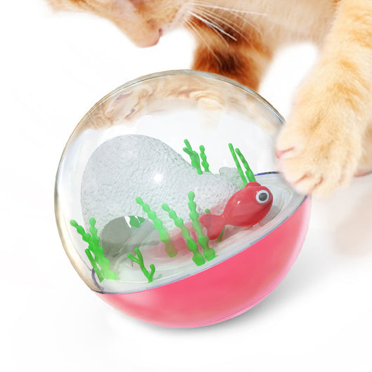 Clear and teal cat toy tumbler with a red fish and green seaweed inside, observed by a curious grey cat. - Image 4