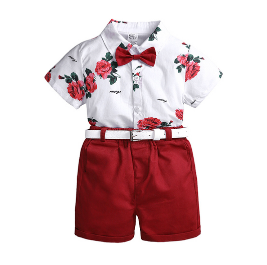 Conjunto de Verano para Niños: Polo Floral Manga Corta con Shorts Rojo - Image 2