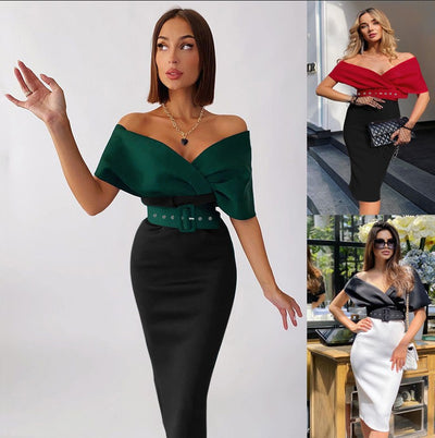 Vestido Ejecutivo Elegante con Hombros Descubiertos y Cinturón Contrastante