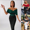 Vestido Ejecutivo Elegante con Hombros Descubiertos y Cinturón Contrastante