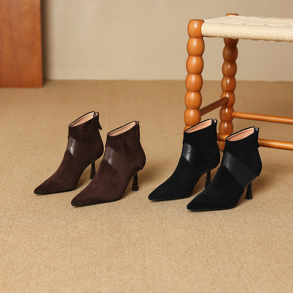 Botines Cortos Bicolor con Cuero Genuino y Tacón Fino