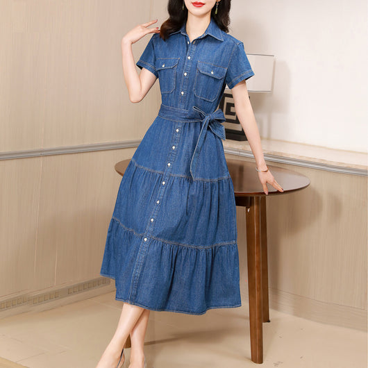 Vestido Camisero de Algodón con Falda Larga y Detalle Denim - Image 3