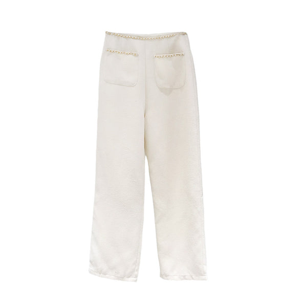 Pantalón Palazzo Cintura Alta Estilo Francés con Cadena Decorativa