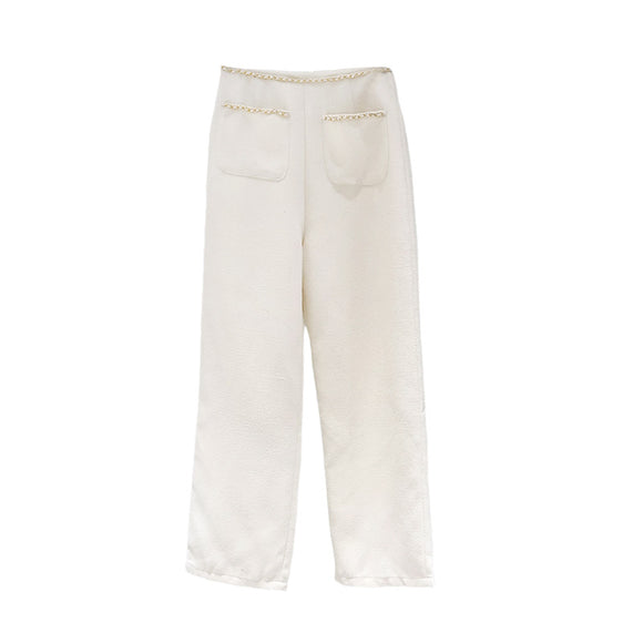 Pantalón Palazzo Cintura Alta Estilo Francés con Cadena Decorativa