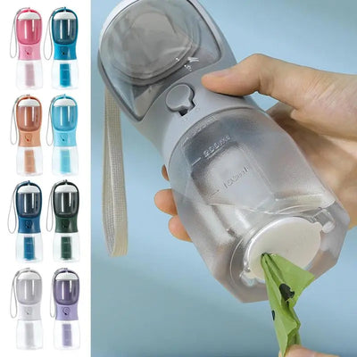 Purple 3-in-1 portable pet water bottle with food compartment, waste bag dispenser, and lanyard. - Image 3