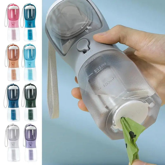 Purple 3-in-1 portable pet water bottle with food compartment, waste bag dispenser, and lanyard. - Image 3