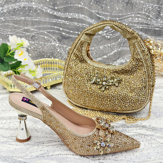 Zapatos de Tacón Alto Punta Fina con Flores de Cristales y Bolso Juego Suave - Image 2