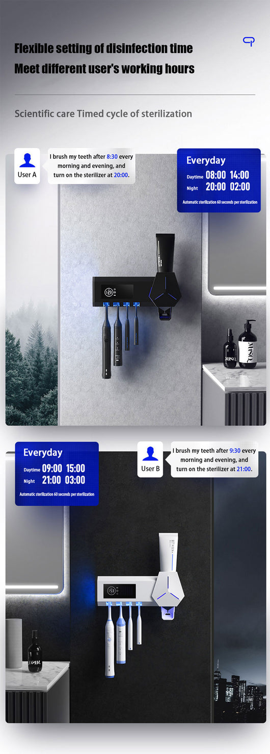White wall-mounted toothbrush sterilizer with UVC ultraviolet light, holding four electric toothbrushes. Features a digital display and blue sterilization light - Image 13