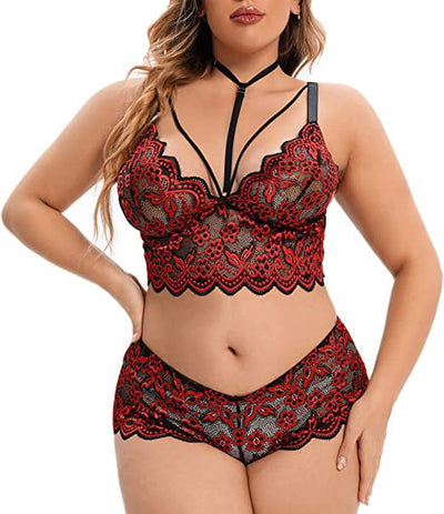 Plus size model wearing a red lace longline bralette with a choker and matching high-waisted briefs. - Image 10