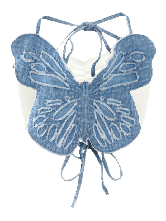 Top de Presentación con Bordados de Mariposas Azul Seductor para Grupos Femeninos - Image 2