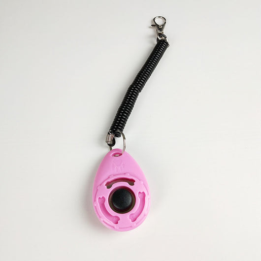 Turquoise dog training clicker with a black button and paw print, attached to a black coiled lanyard with a silver lobster clasp. - Image 8