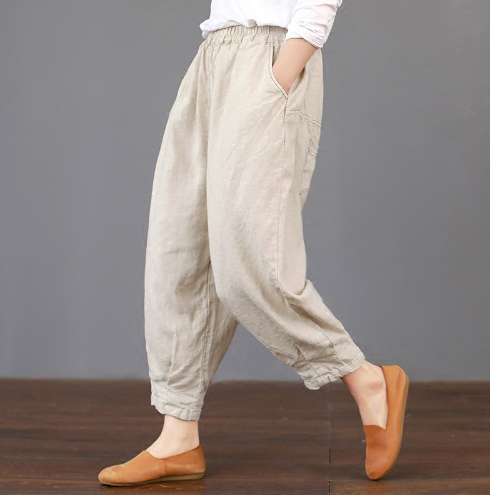 Pantalones Casuales de Algodón y Lino para Mujer - Cintura Elástica Primavera Verano