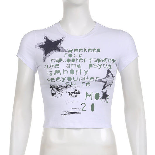 Playera Estampada Graffiti Stars Cuello Redondo Ajustada para Mujer - Image 6