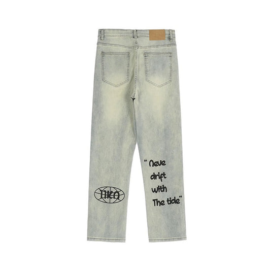 Jeans Vintage Americano Desgastado Amarillo con Estampado de Letras - Image 5