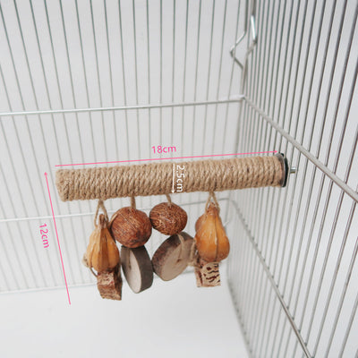Hemp rope braided bird perch with natural wood slices and seed pods hanging, attached inside a wire bird cage. - Image 7
