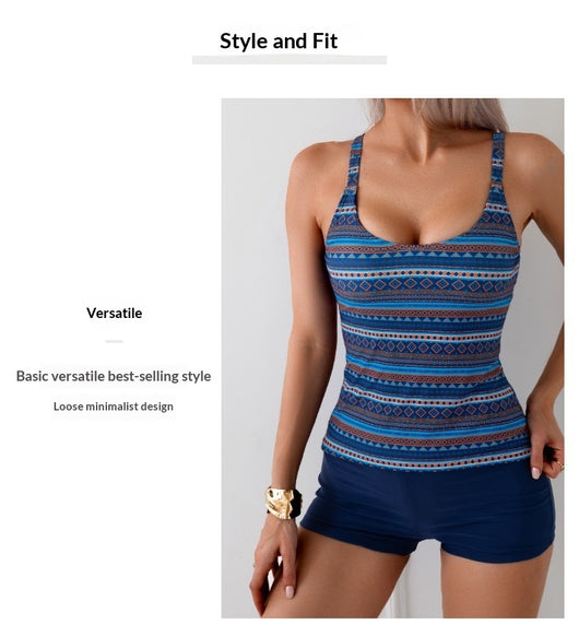 Women's conservative striped and geometric patterned tankini top with navy boy shorts swimsuit. - Image 7